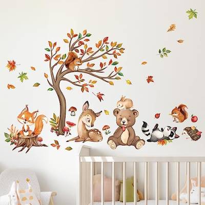 decalmile Wandtattoo Waldtiere Baum Blätter Wandaufkleber Bär Hirsch Fuchs Eichhörnchen Wandsticker Babyzimmer Kinderzimmer Schlafzimmer Wanddeko von decalmile